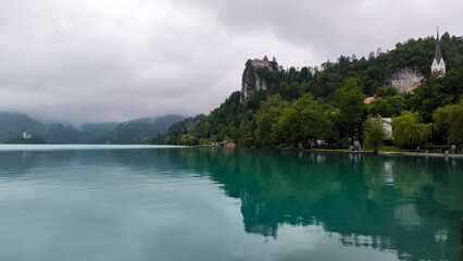 Fototapeta premium lake Bled on cloudy spring day