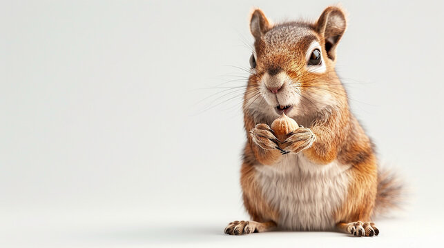 A cheerful squirrel holding an acorn, standing on its hind legs, isolated on a white background.