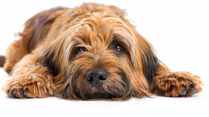 A brown thoughtful dog lays on a white background dreaming