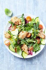 Salad with Chicken Breast, Cherry Tomatoes, Cucumber, Rocket and fresh Basil. Bright wooden background. Close up.	