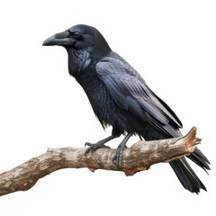 Naklejka premium A black raven with its glossy feathers, perched ominously on a branch, isolated on white background.
