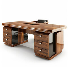 A sleek office desk with built-in drawers and a polished wood surface, isolated on white background.