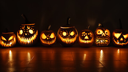 Glowing Jack-o-Lanterns with Evil Faces Halloween Night in the Dark