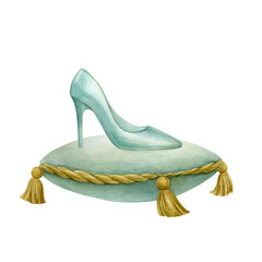 Crystal slipper on a velvet pillow. Image in blue and gold. Watercolor illustration is hand drawn and isolated on a white background