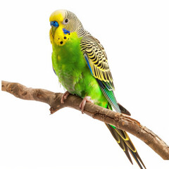 Fototapeta premium A colorful parakeet with its vibrant green and yellow feathers, perched on a branch, isolated on white background.