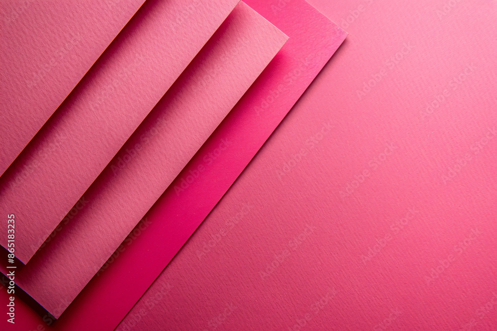 Poster a flat lay of three pink paper sheets arranged at an angle, creating geometric shapes on the solid c