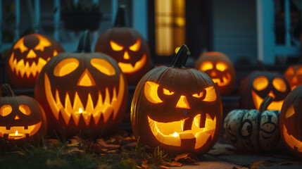 Fototapeta premium Spooky Halloween Night Glowing Jack-o-Lanterns in Background