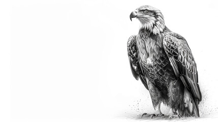 A pencil sketch of an eagle standing quietly and looking at the camera, isolated on a white background.