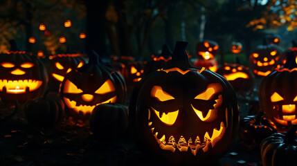 Fototapeta premium Glowing Jack-o-Lantern in Halloween Background at Night