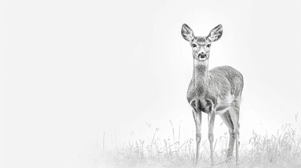 A pencil sketch of a deer standing quietly and looking at the camera, isolated on a white background.