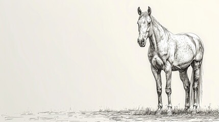 A pencil sketch of a horse standing quietly and looking at the camera, isolated on a white background.