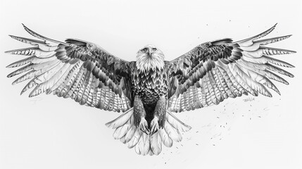 A pencil sketch of a majestic eagle with its wings spread wide, isolated on a white background.