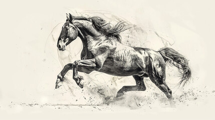 A pencil sketch of a magnificent horse rearing up on its hind legs, isolated on a white background.