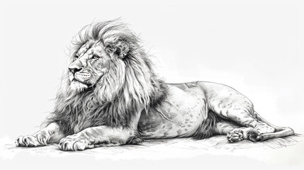 A pencil sketch of a majestic lion lying down with its mane flowing, isolated on a white background.
