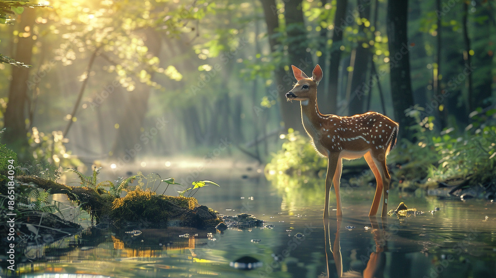 Poster a serene deer standing by a tranquil forest stream, with sunlight filtering through the trees and a 