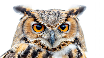 A wise old owl perched with its large eyes open wide, isolated on a white background.