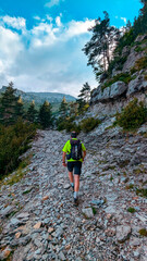 Facing the ascent to Pico Aguerri, a hiker trudges on, surrounded by the majestic forests and peaks of the Selva de Oza, in the heart of the Western Valleys.