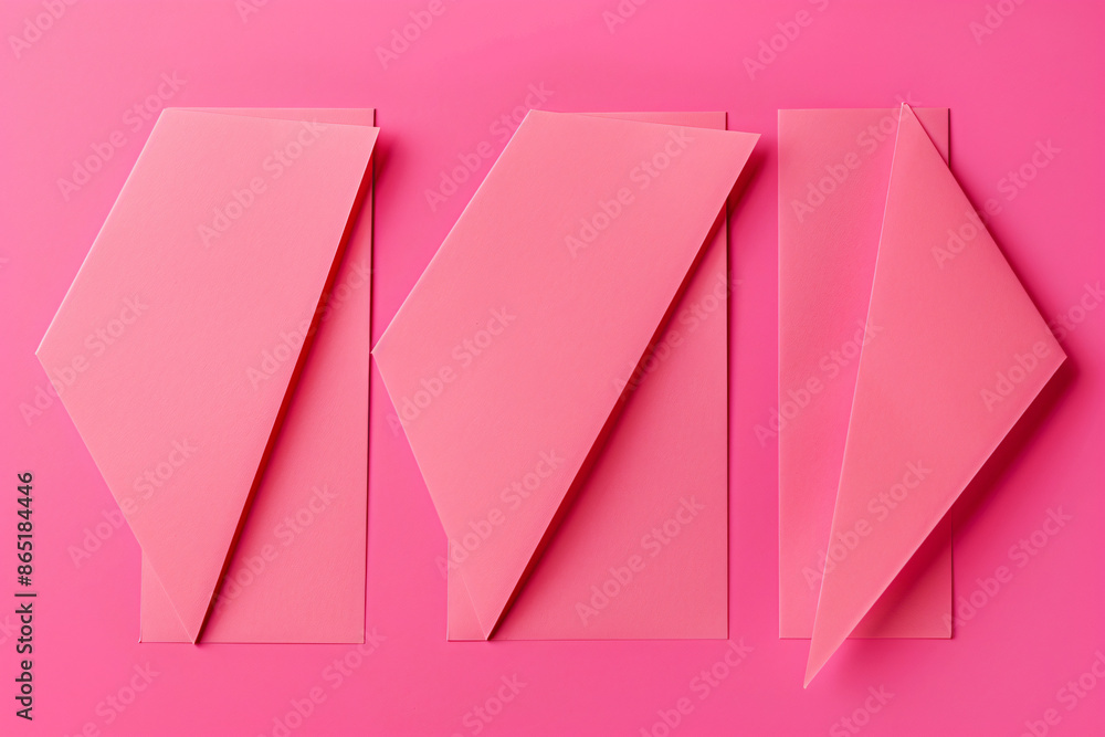 Poster a flat lay of three pink paper sheets arranged at an angle, creating geometric shapes on the solid c