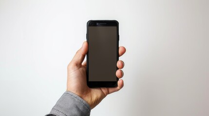 Hand holding smartphone on white background