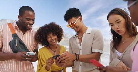 Friends, happy and beach with group on smartphone, diversity people and social media discussion for internet post. Website, browsing and talking on app, funny meme and summer break or gossip together