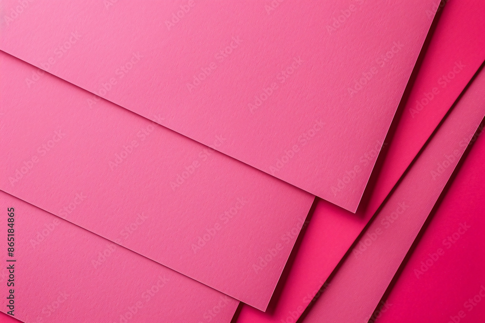 Poster a flat lay of three pink paper sheets arranged at an angle, creating geometric shapes on the solid c