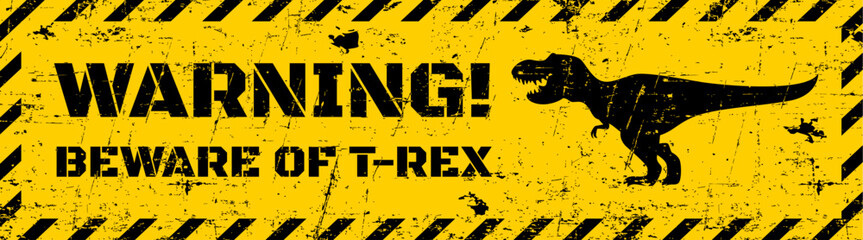 T rex dinosaur warning metal sign board or danger caution, vector banner. Beware of T-rex warning or attention sign with roaring dinosaur lizard in frame of black stripes on yellow grunge background