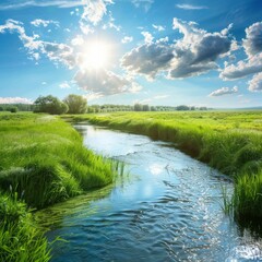 Obraz premium landscape with river full of clouds and grassland