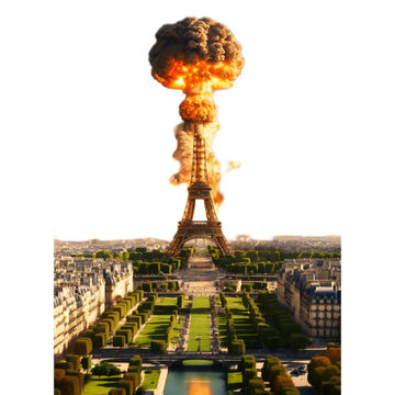 Photo realistic nuclear explosion on ifel tower paris, france, because of cimex