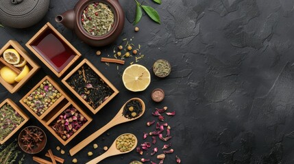 A flat lay showcasing a variety of tea ingredients, including loose leaf tea, dried flowers, spices, and lemon, arranged on a black surface