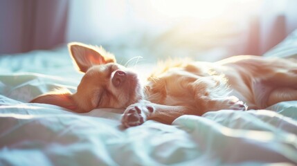 Cute chihuahua dog sleeps on bed in bright morning light relaxing on lazy weekend