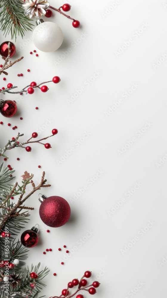 Wall mural Bright white background for a festive holiday postcard. with pine branches decorated with Christmas tree toys and balls Adds seasonal charm Perfect for creating warm and cheerful holiday greetings.