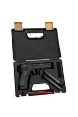 Modern semi-automatic pistol. A short-barreled weapon for self-defense. Arming the police, special units and the army. Weapon in a case for storage and transportation. Isolate on a white back.