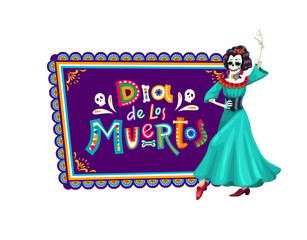 Day of the Dead Mexican holiday banner with dancing Catrina character, vector background. Dia de Los Muertos holiday fiesta greeting with skeleton bones letters and Catrina with calavera skull