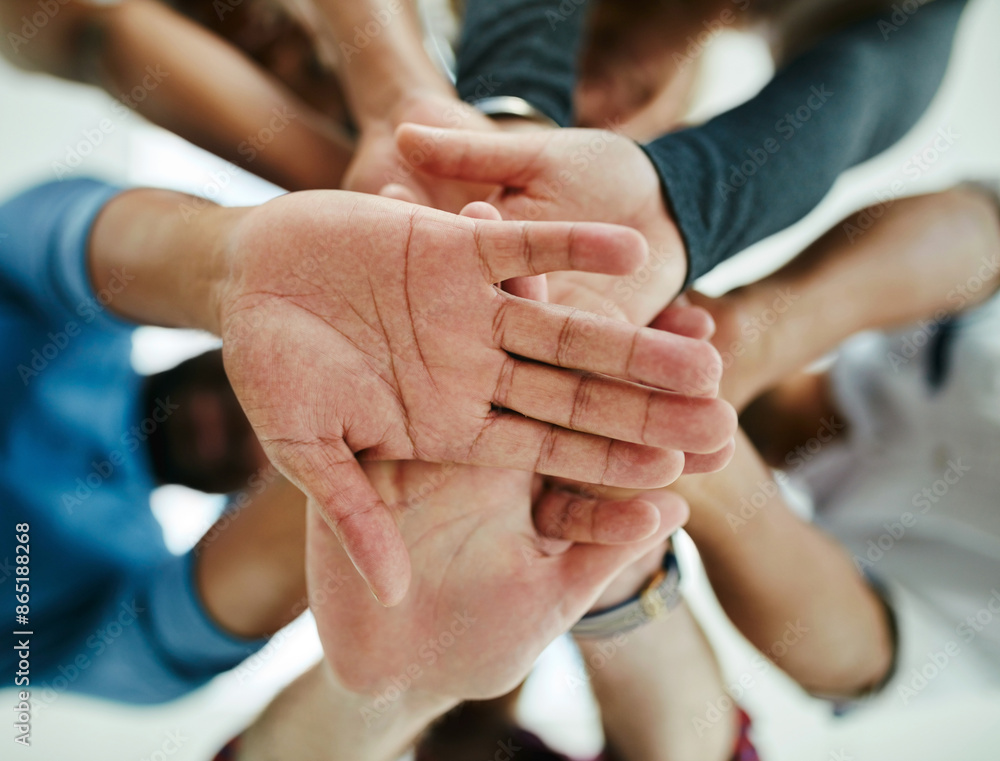 Canvas Prints Business people, hands and stack for team building in office, support and collaboration. Staff, creative agency and low angle for community in company, solidarity and pile together for sales mission