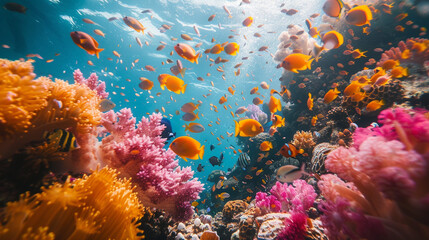 A vibrant scene of the colorful coral and diverse marine life at Toyapakeh Wall, a popular dive site in Nusa Penida.