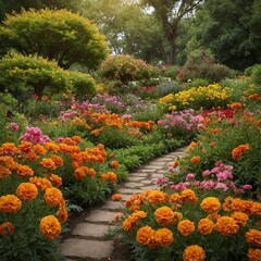 Stone pathway winds through vibrant garden filled with array of colorful flowers. Bright orange marigolds dominate foreground, while pink, yellow blooms add contrast.