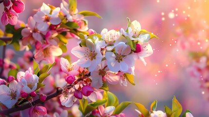 Fototapeta premium Beautiful close-up of blooming cherry blossoms bathed in warm sunlight, capturing the essence of springtime vibrancy and natural beauty.