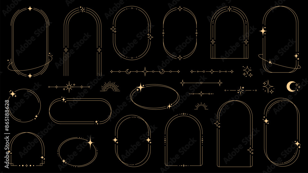 Poster magic celestial arch frames and borders, y2k shapes of vector line minimal boho stars, moon, sun and