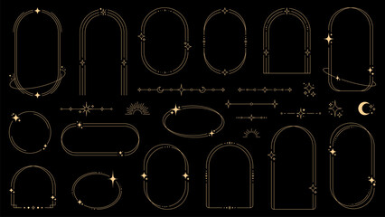 Magic celestial arch frames and borders, y2k shapes of vector line minimal boho stars, moon, sun and sparks. Oval, circle and arc shape frames with borders of astrology and esoteric outline elements