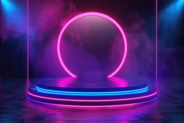 Empty neon stage with glowing circle, blue and pink lights, smoke. Futuristic cyberpunk background ideal for product placement and presentations. Concept of showcase, performance, and technology.