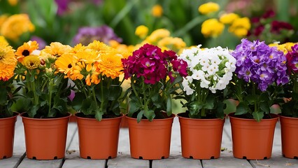 Spring flowers in pot in a row