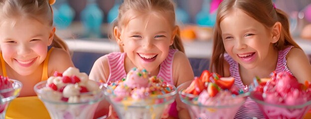 Kids making ice cream sundaes for National Ice Cream Sandwich Day, August 2nd, colorful toppings and big smiles, 4K hyperrealistic photo. 4K Video
