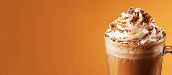 Pumpkin spiced latte garnished with whipped cream and sprinkled with cinnamon with room for text