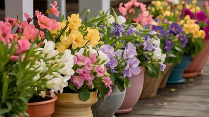 Naklejka premium Spring flowers in pot in a row
