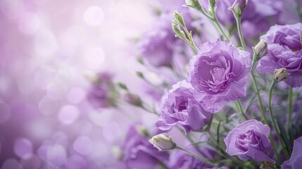 Obraz premium Lilac background with blooming purple eustoma flowers bouquet