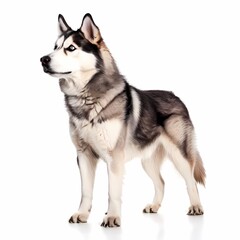 Fototapeta premium Mackenzie river husky dog breed standing against white background, AI Generated