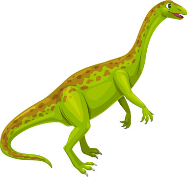 Cartoon anchisaurus dinosaur character of early jurassic period. Cute dino animal vector personage with long neck and spotted skin. Prehistoric era forest dinosaur, funny fossil green lizard raptor