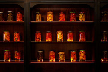 Artisanal Pantry Preserves - A charming array of homemade preserves displayed on wooden shelving