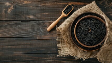 Black tea leaves in a ceramic bowl and a wooden spoon on a rustic wooden table
