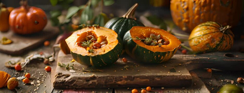 Making stuffed acorn squash for National Acorn Squash Day, October 21st, savory dishes and autumn ingredients, 4K hyperrealistic photo. 4K Video